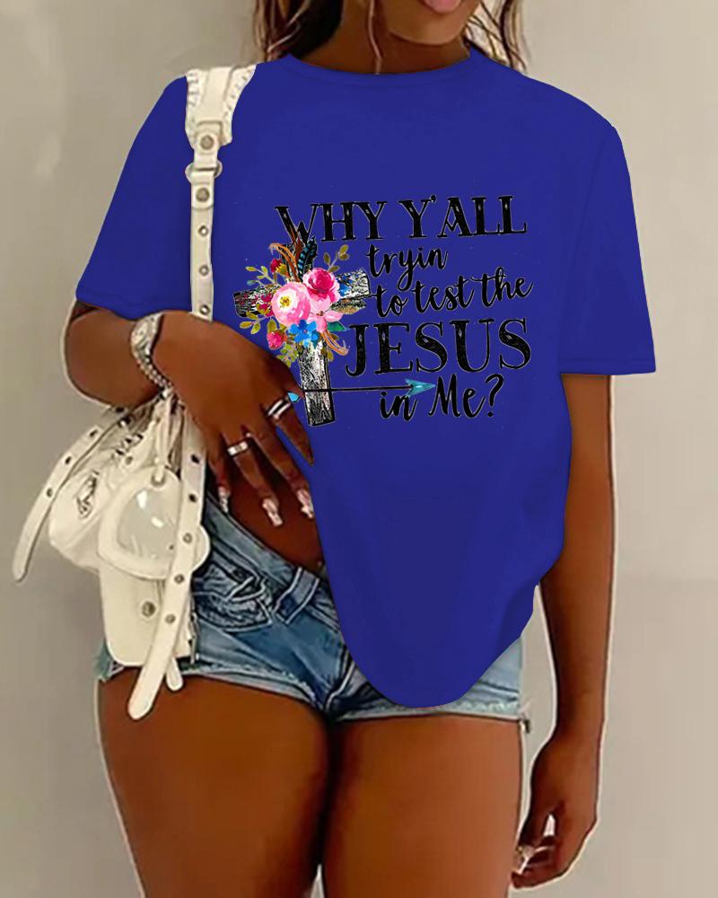 

Floral Cross Graphic Slogan Print Crew Neck Casual T-shirt, Blue