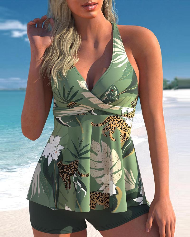 

Tropical Leopard Print Crisscross Tankini Set, Green