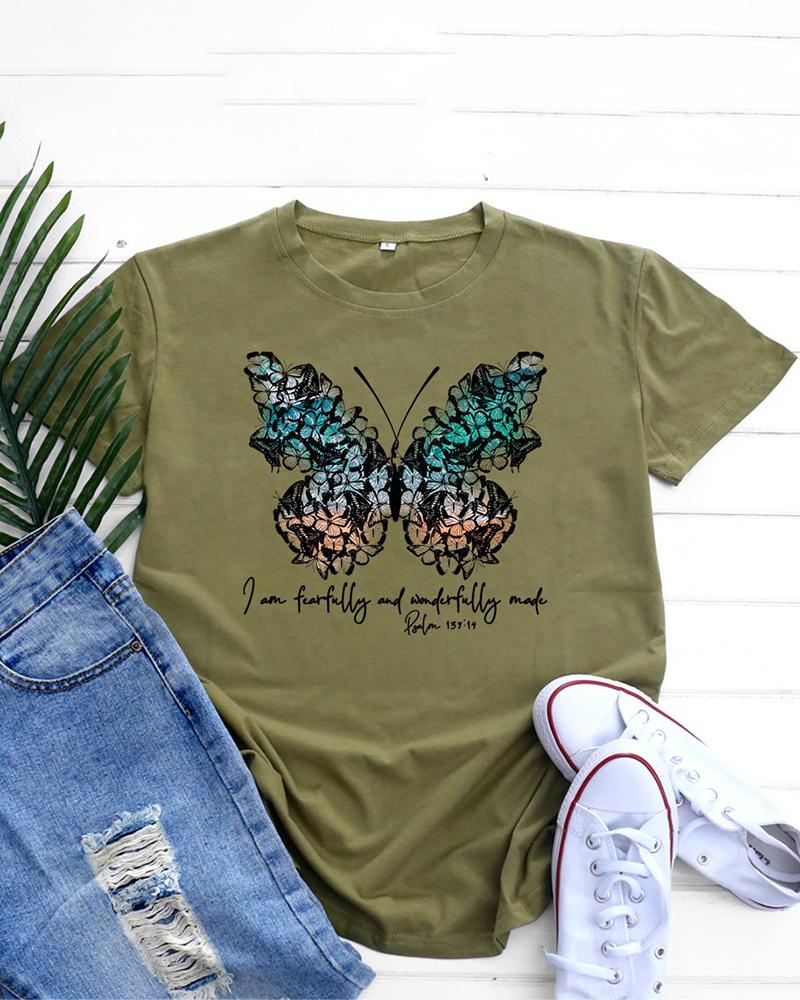 

Butterfly Letter Print Short Sleeve O-Neck Top, Green