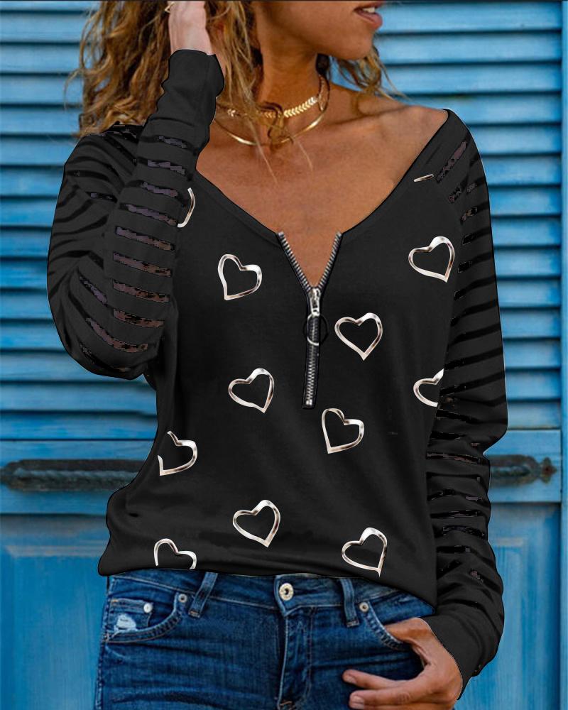

Long Sleeve Zipper Design Heart Print Top, Black