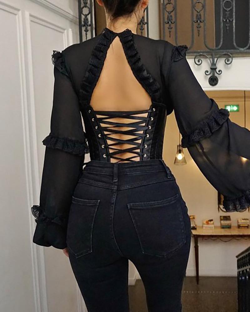 

Eyelet Lace-up Frill Hem Backless Crop Top, Black