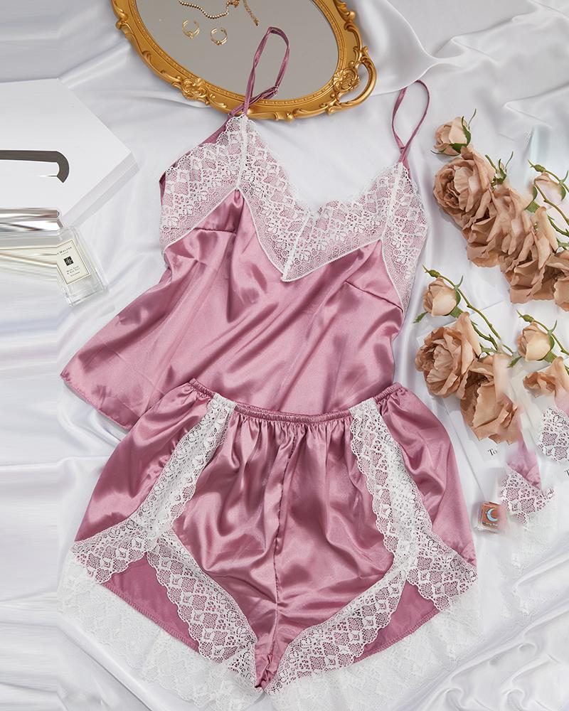 

Satin Crochet Lace Patch V Neck Cami Set, Red bean