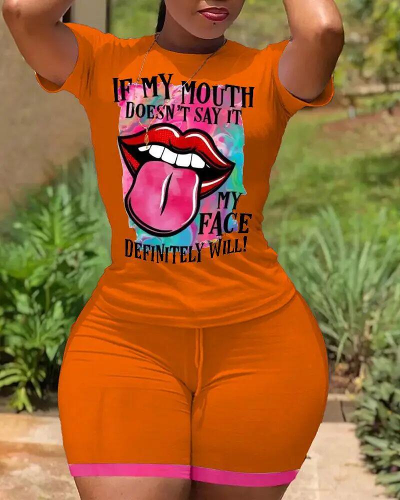 

Plus Size Lip Letter Print Casual Top & Drawstring Shorts Set, Orange