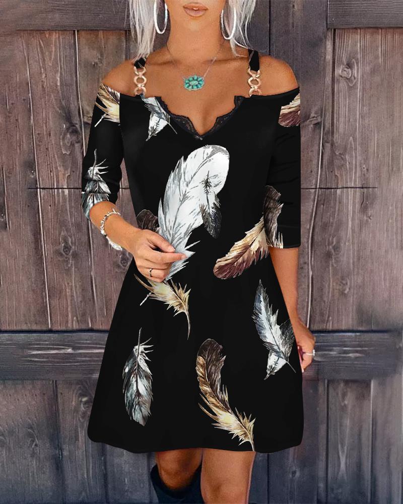 

Feather Print Cold Shoulder Casual Dress, Black