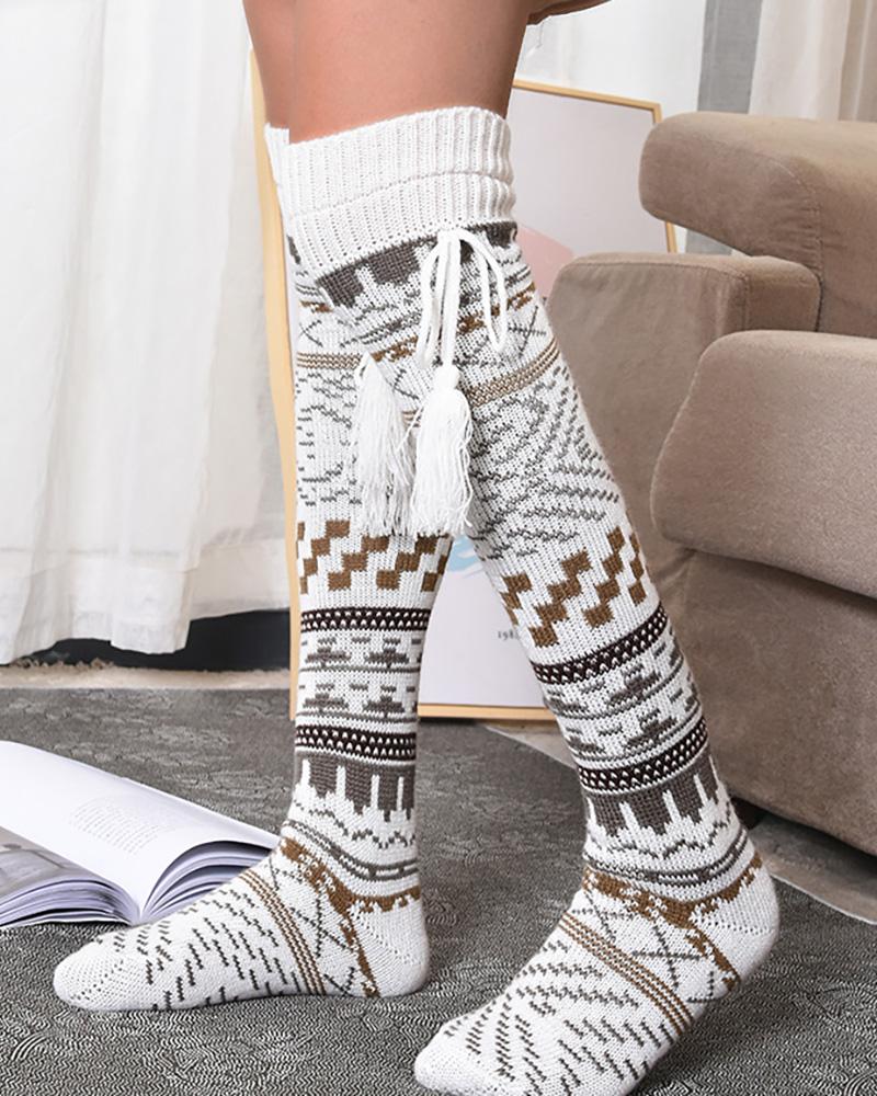 

Christmas Pattern Tassel Knee Length Socks, Gray