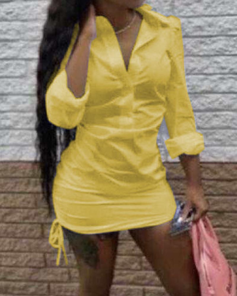

Plain V-Neck Long Sleeve Drawstring Shirt Dress, Yellow