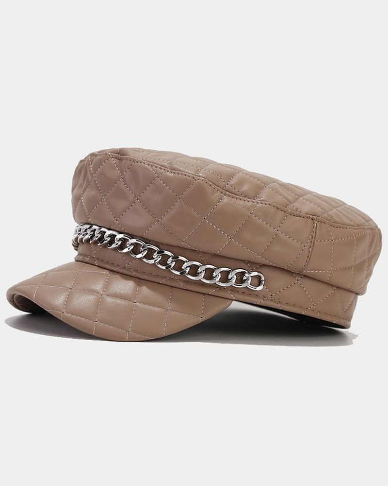 

Quilted Argyle Chain Decor Peaked Cap, Khaki