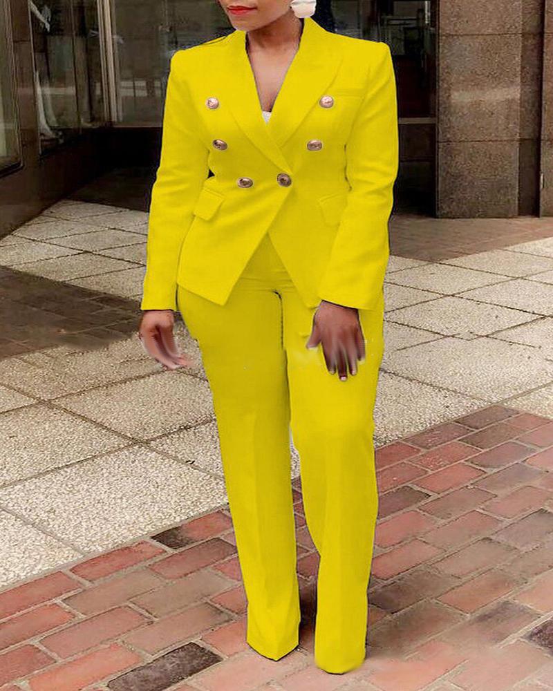 

Plus Size Long Sleeve Double Breasted Blazer & Pants Set, Yellow