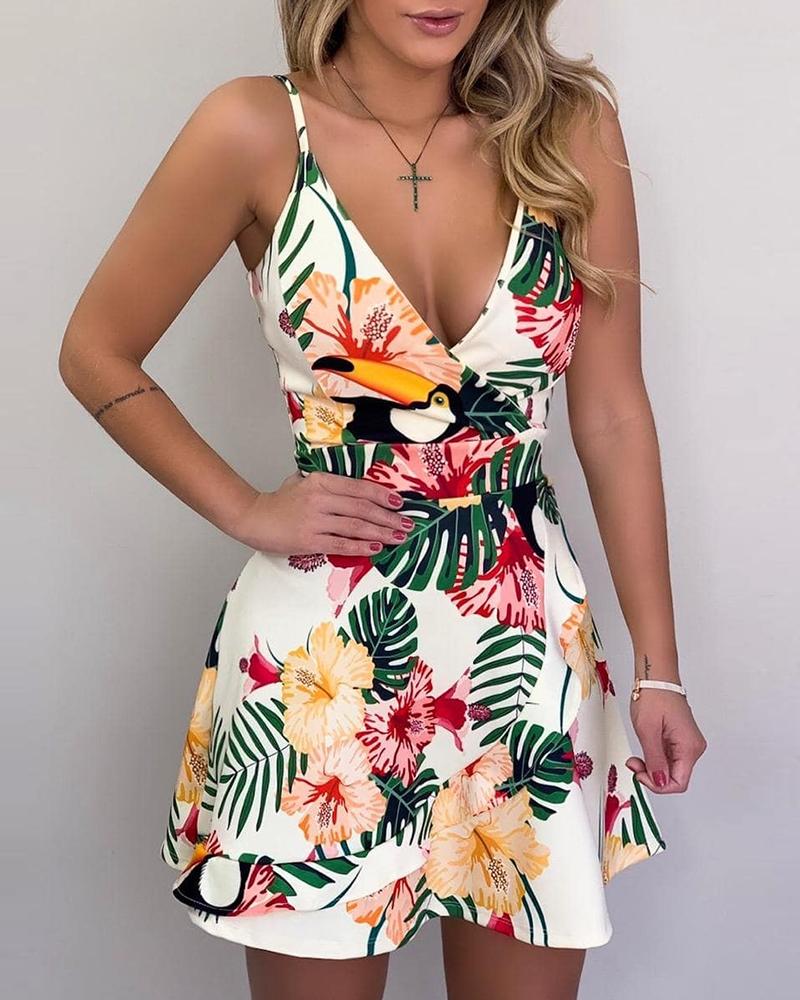 

Floral Print Spaghetti Strap Mini Women Dress, White