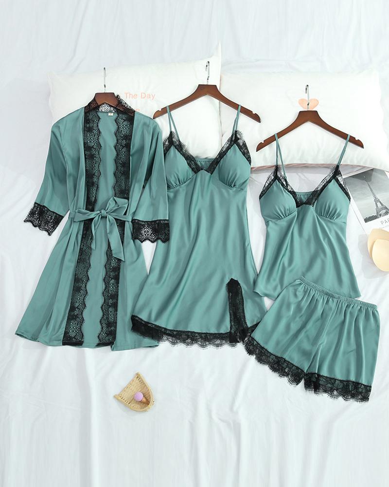 

4PCS Lace Trim Padded Cami Set With Nightdress & Belted Robe, Green