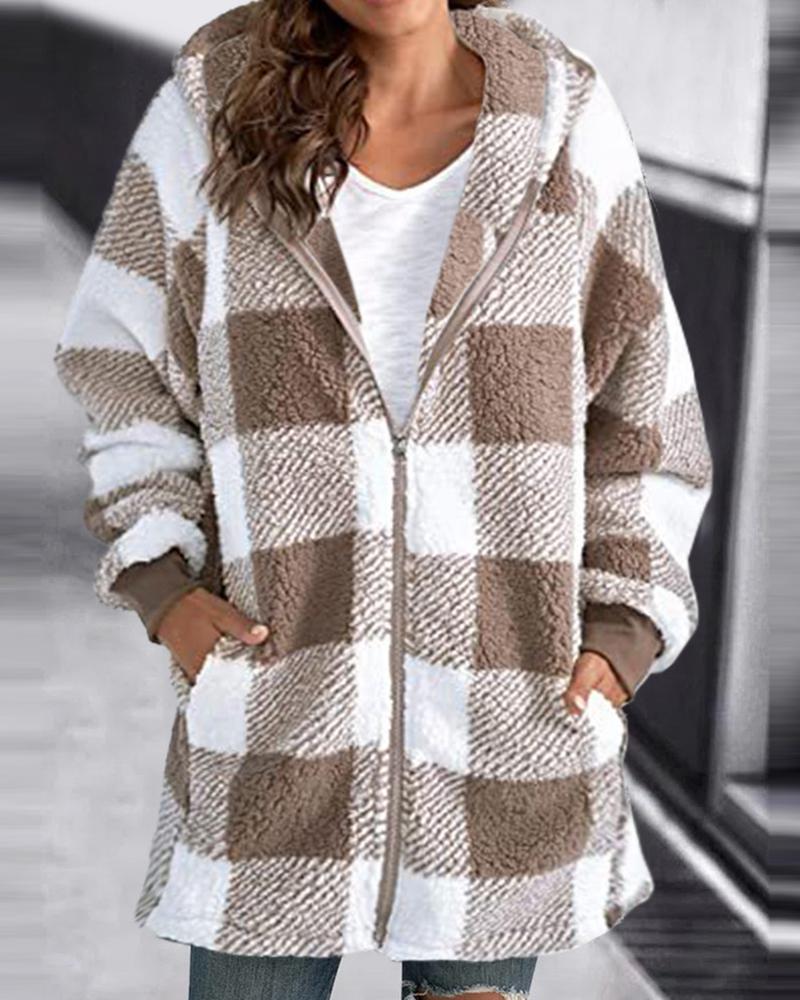

Plaid Print Zipper Pocket Design Lined Hooded Coat, Brown