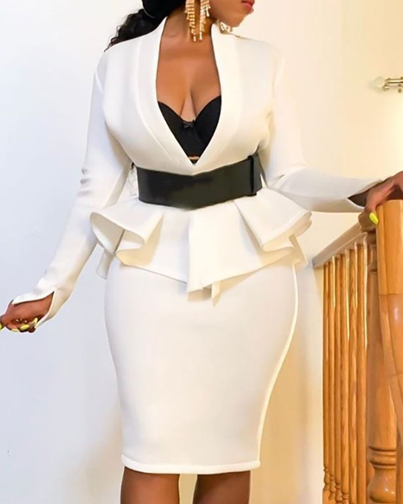

Ruffles Plunge Long Sleeve Top & Midi Skirt Set, White