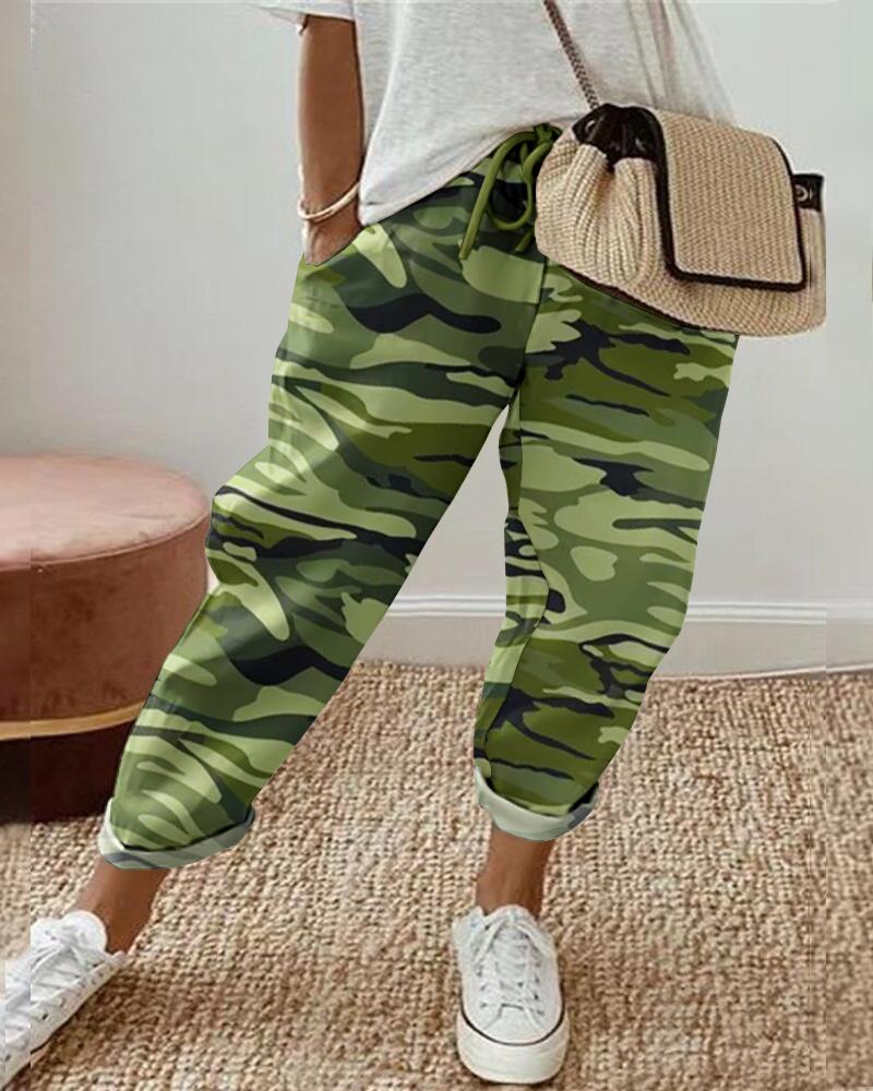 

Camouflage Print Drawstring Cuffed Pants, Green