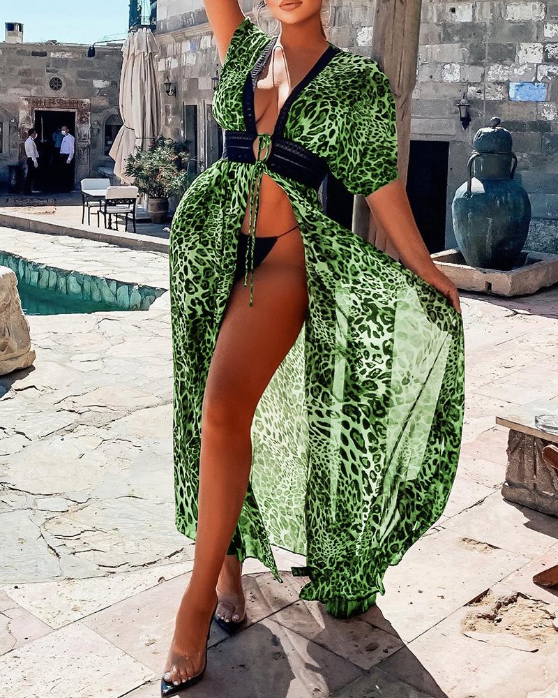 

Cheetah Print Cutout Lace Patch Cover Up Dress, Green