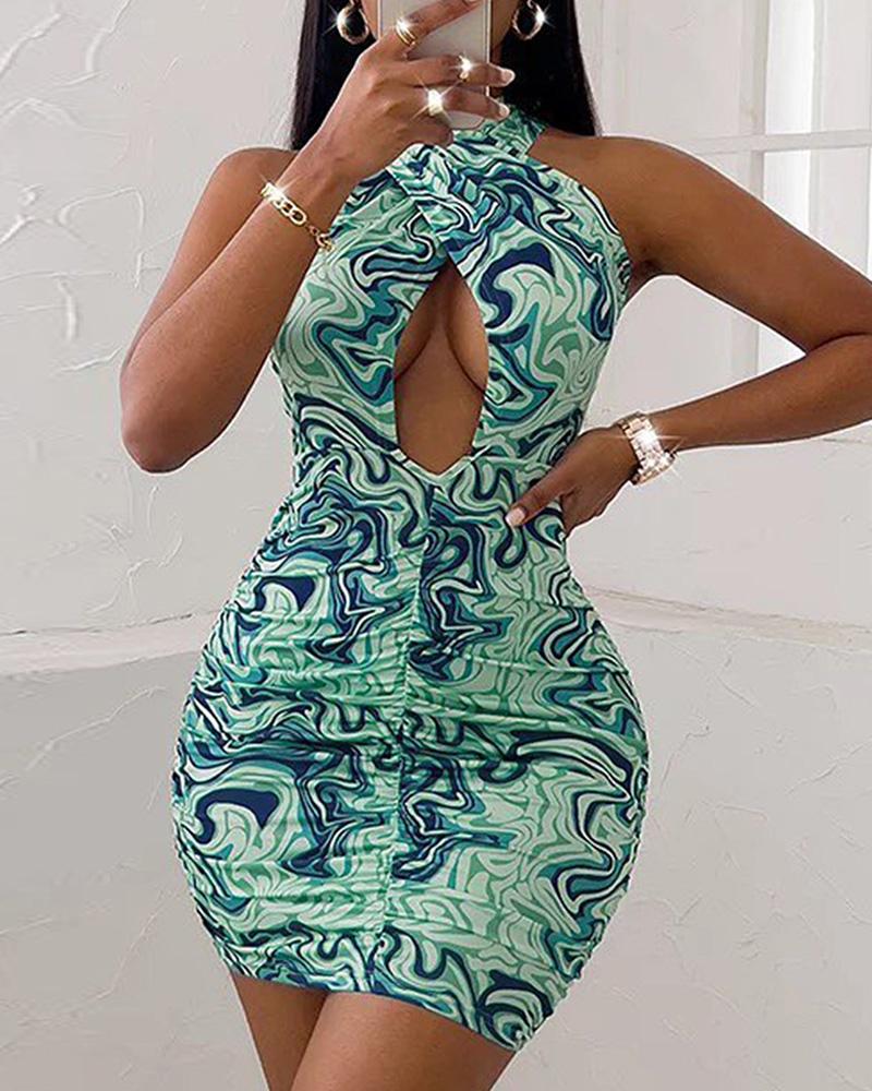 

Marble Print Criss Cross Cutout Ruched Bodycon Dress, Green