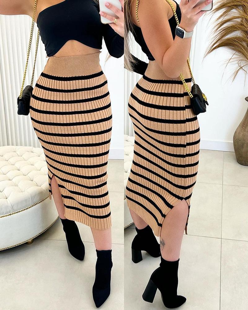 

Striped High Waist Slit Maxi Skirt, Khaki