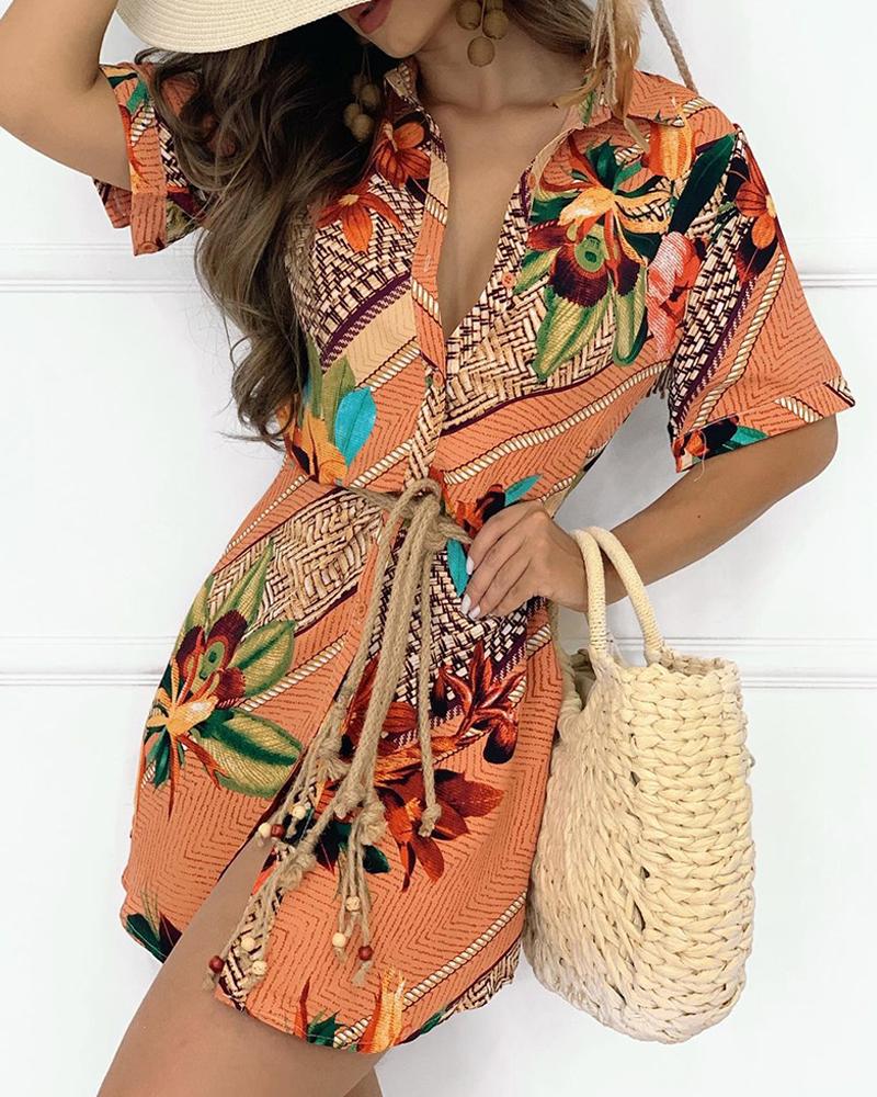 

Button Design Graphic Tropical Print Short Sleeve Shirt Dress, Multicolor