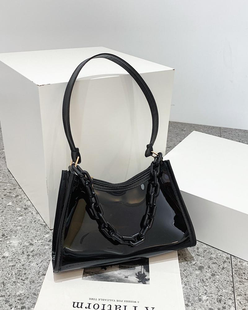 

Chain Decor Clear Baguette Bag, Black