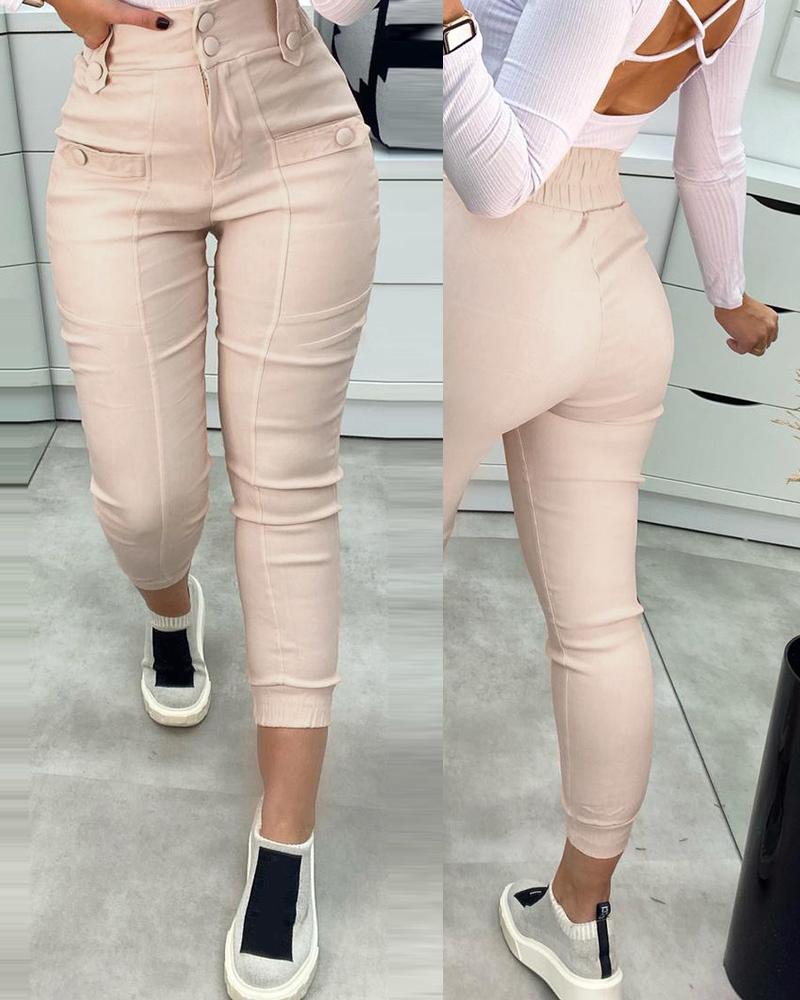 

Button Design High Waist Skinny Pants, Light pink