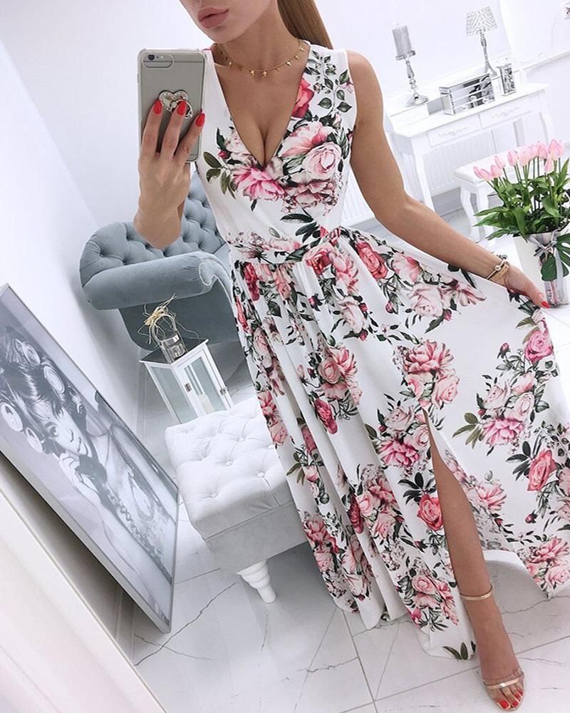 

Floral Print V-Neck Slit Maxi Dress, White