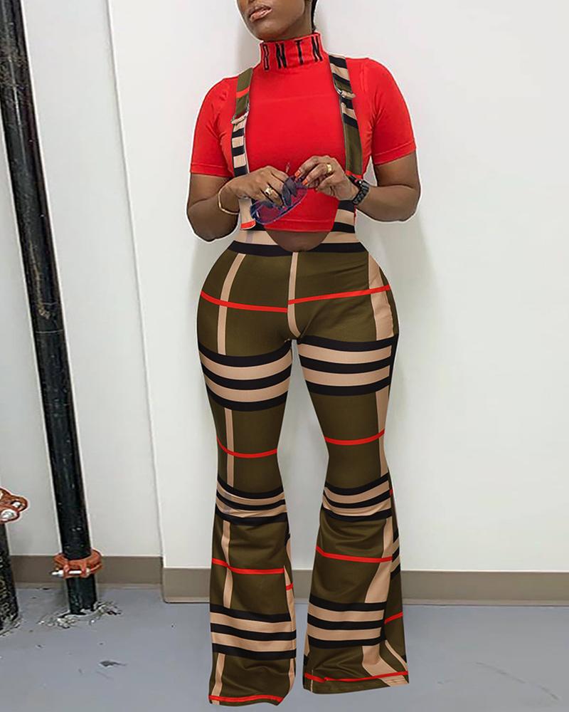 

Plaid Print Buckled Bootcut Suspender Pants, Khaki