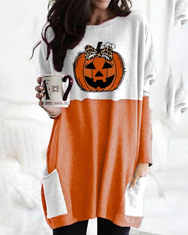 

Halloween Pumpkin Print Long Sleeve Top, Orange