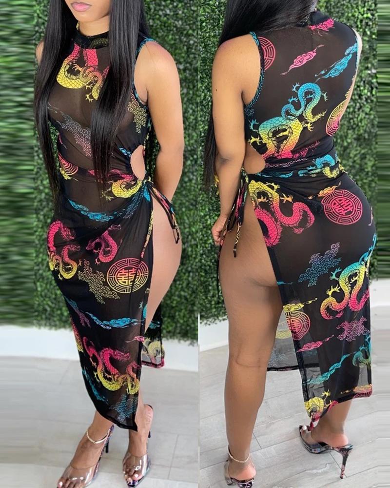 

Dragon / Heart / Butterfly Print High Slit Cover Up Dress, Style1