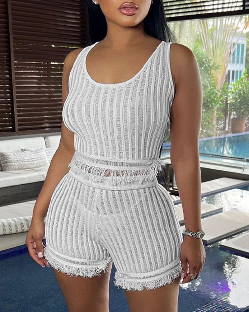 

Tassel Trim Crop Tank Top & Shorts Set, White