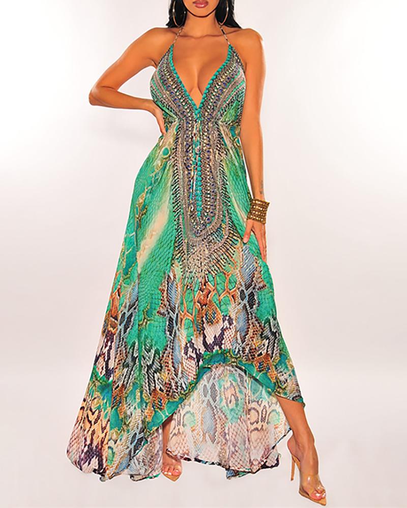 

Cheetah Print Halter Backless Maxi Dress, Green
