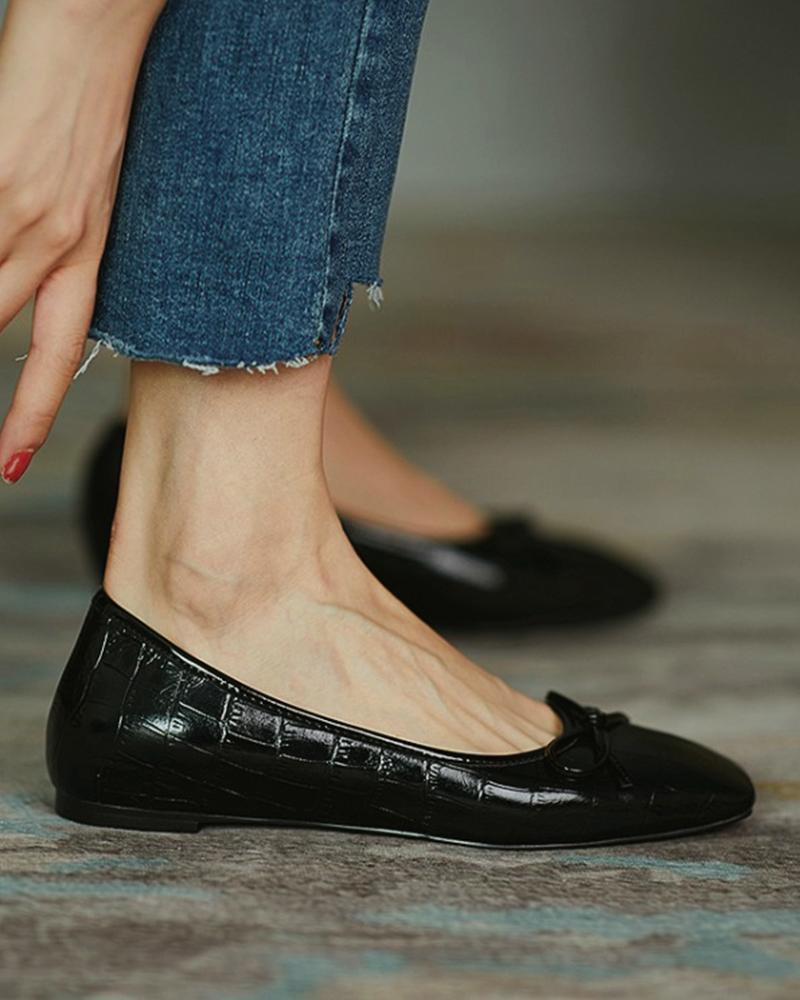 

Croc Embossed Bowknot Front Slip On Flats, Black