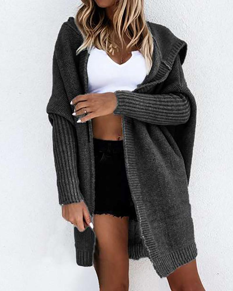 

Knit Hooded Long Sleeve Casual Cardigan, Black