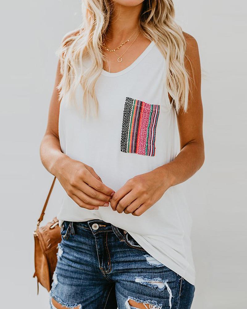 

Pocket Design U Neck Tank, White