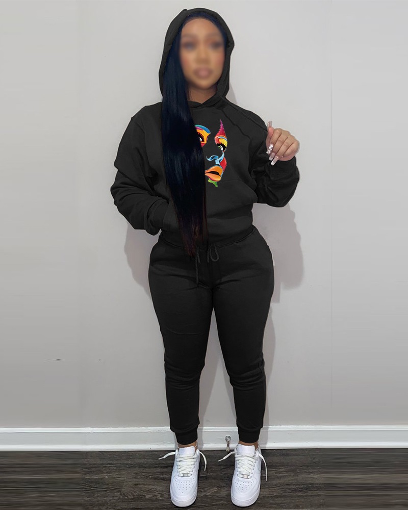 

Figure Print Drawstring Hoodie & Pants Set, Black