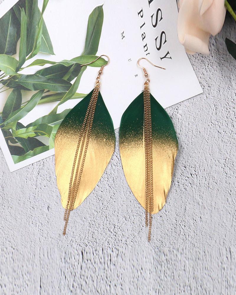 

1Pair Colorblock Glitter Feather Chain Decor Drop Earrings, Green