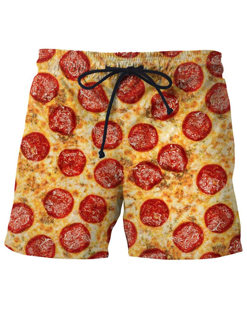 

3D Pizza Print Loose Drawstring Shorts, Multicolor