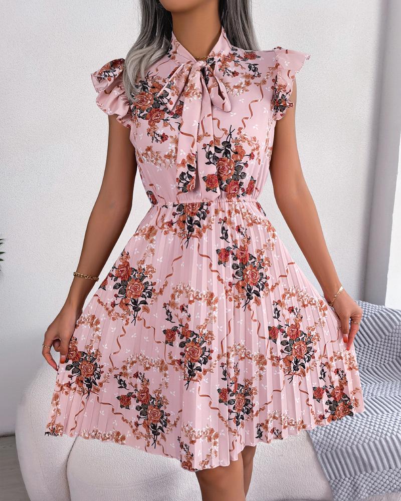 Floral Print Tie Neck Pleated Dress