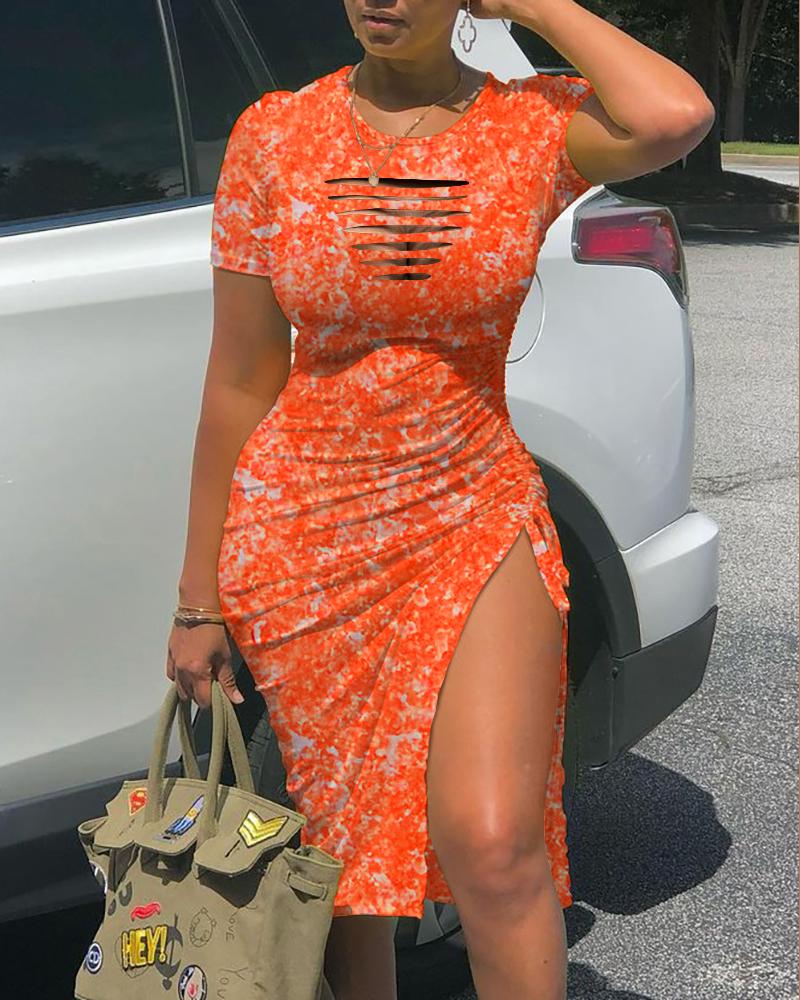 

Tie Dye Print Ladder Cutout Drawstring High Slit Dress, Orange