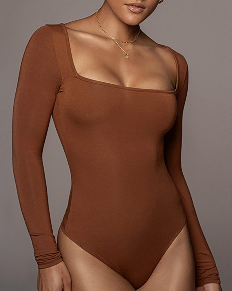 

Square Neck Long Sleeve Skinny Bodysuit, Brown