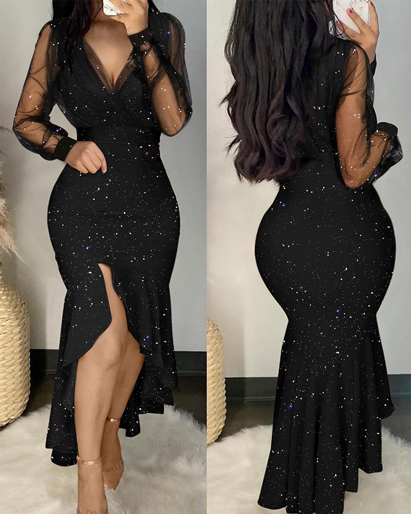 

Contrast Mesh Long Sleeve Glitter Mermaid Dress, Black