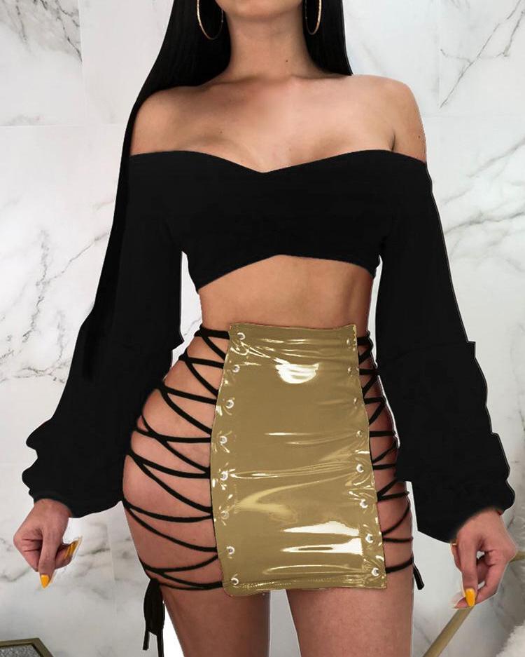 

Oversize Lace-Up Side Eyelet Skirt, Gold