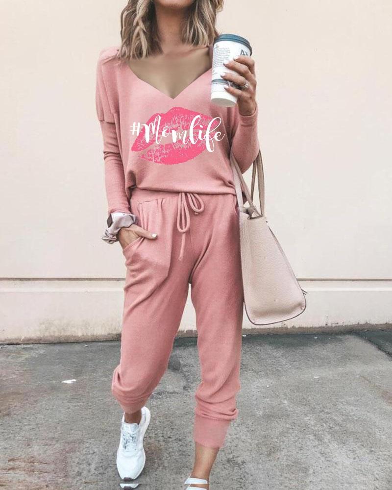 

Mother' Day Lip Letter Print V-Neck Top & Pants Set, Pink