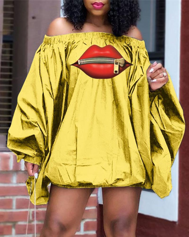 

Plus Size Lip Print Off Shoulder Lantern Sleeve Casual Dress, Yellow