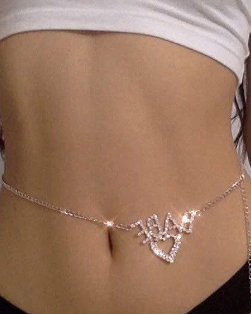 

Rhinestone Decor Letter Heart Pattern Waist Chain, Silver