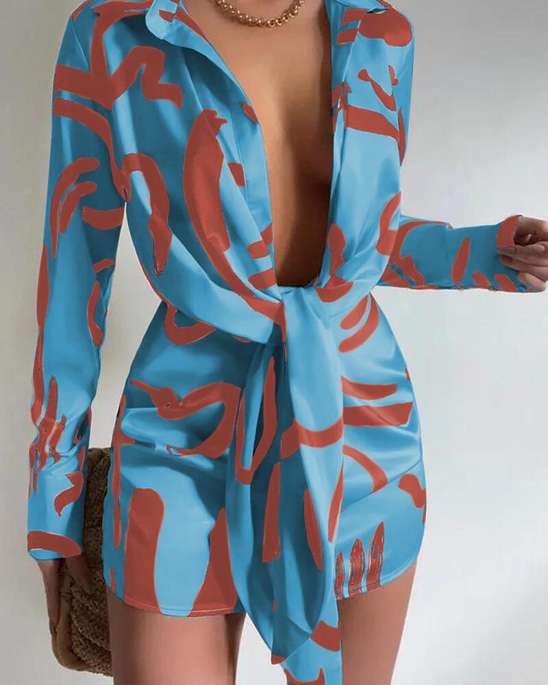 

Allover Print Tied Detail Long Sleeve Shirt Dress, Blue