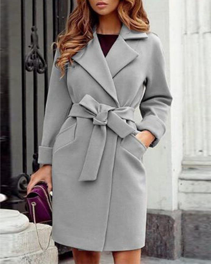 

Long Sleeve Pocket Detail Belted Coat, Gray