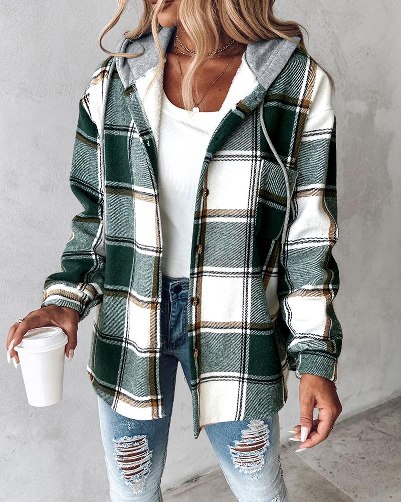 

Veste à capuche boutonnée à manches longues et à motif écossais avec doublure en polaire, Green