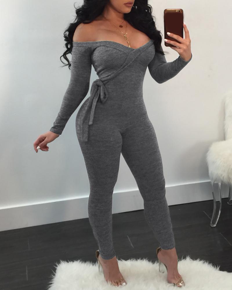 

Off Shoulder Tied Detail Wrap Jumpsuit, Dark grey