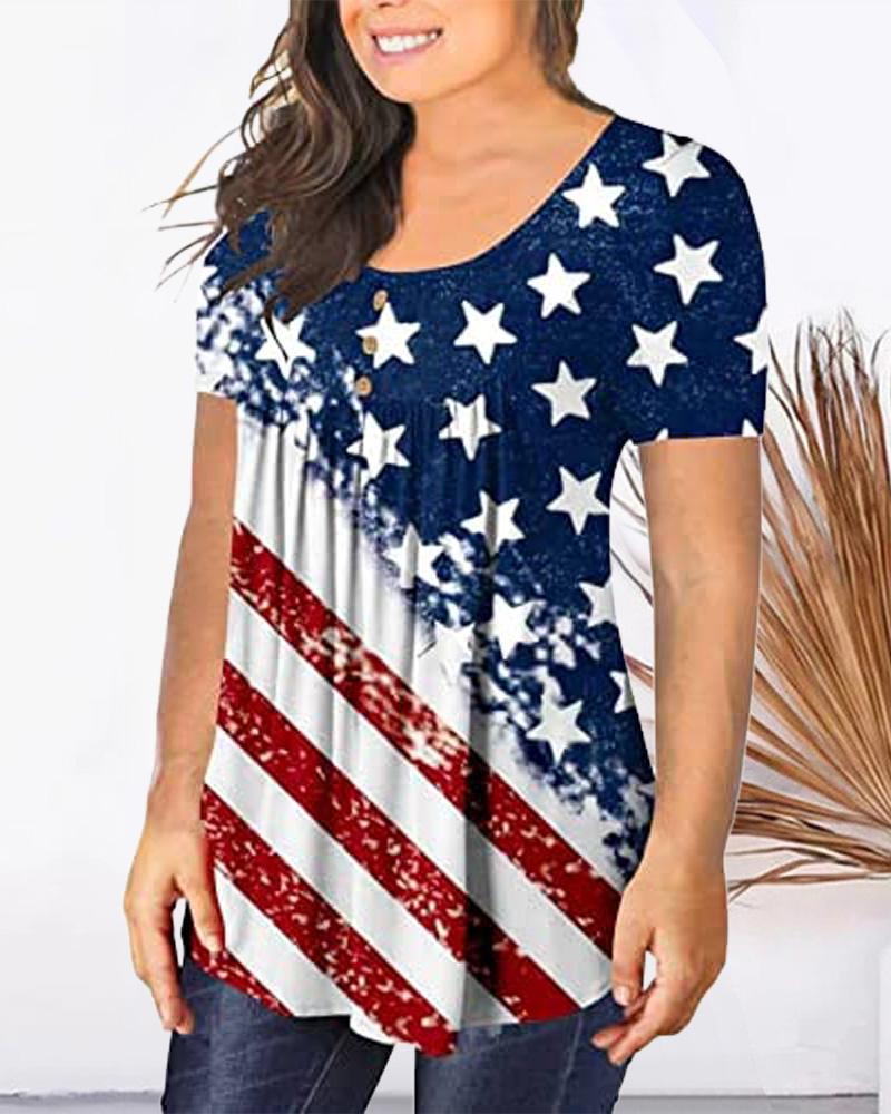 

Plus Size Independence Day Flag Print Ruched Short Sleeve Top, Multicolor