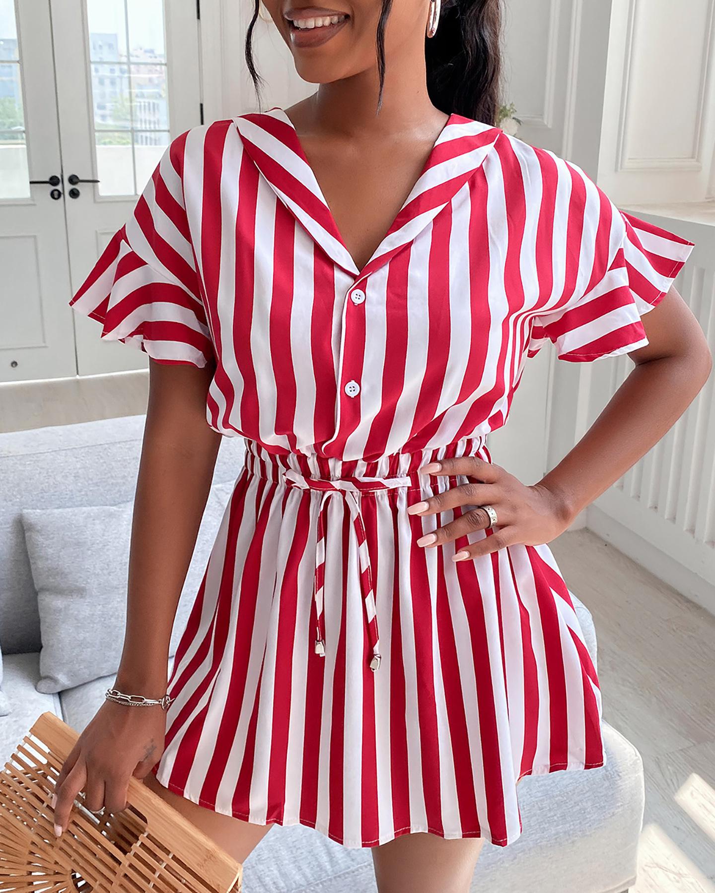 

Striped Colorblock Ruffles Shirt Dress, Red