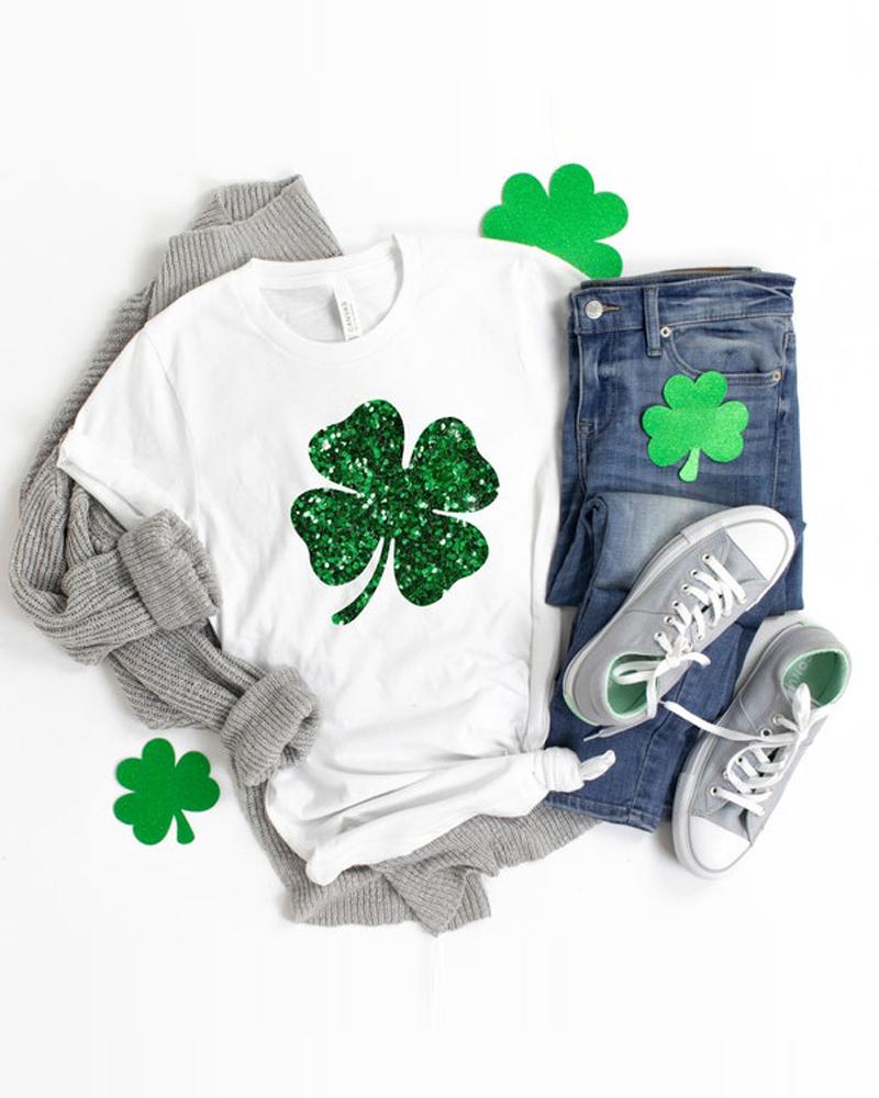 

St. Patrick's Day Four Leaf Clover Print Casual T-shirt, White
